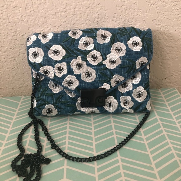 NWOT Loeffler Randall Nappa Woven Embroidered Lock Shoulder Bag Blue Floral - Picture 1 of 9